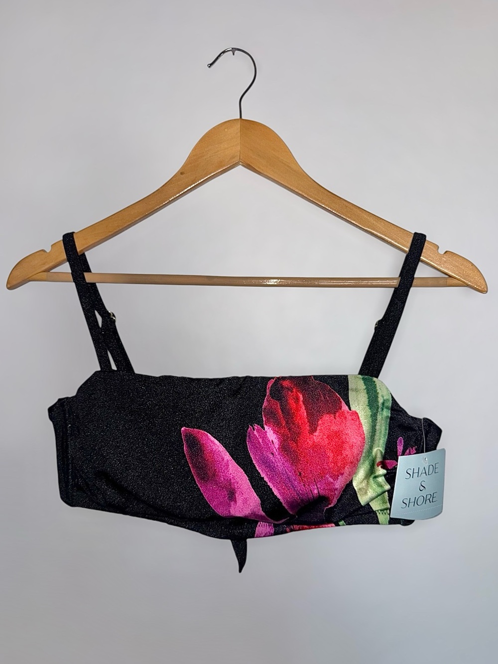New Shade & Shore Black Floral Bandeau Bikini Top D/DD
